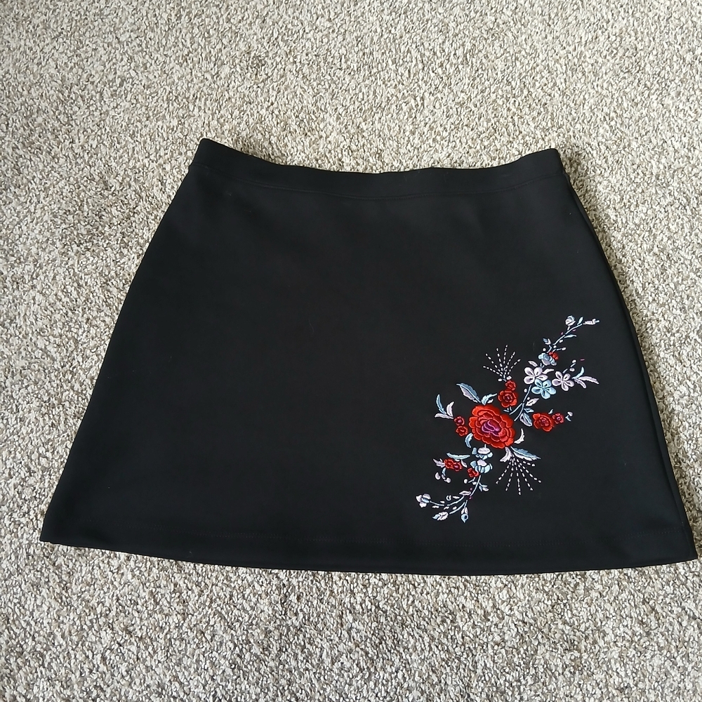 Black Floral Embroidered A-Line Skirt